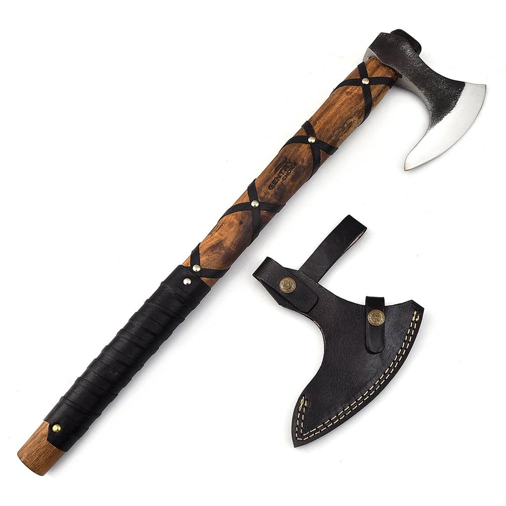 Viking Axe Carbon Steel Hatchet with Rose-wood Handle & Leather