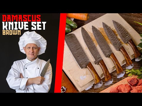 Damascus Chef Knife Set of 5 with Rose-Wood Handles AMK053BRN