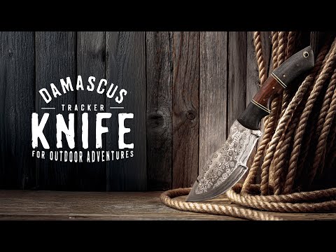 Damascus Tracker Knife with Rosewood Micarta Handle & Leather Sheath
