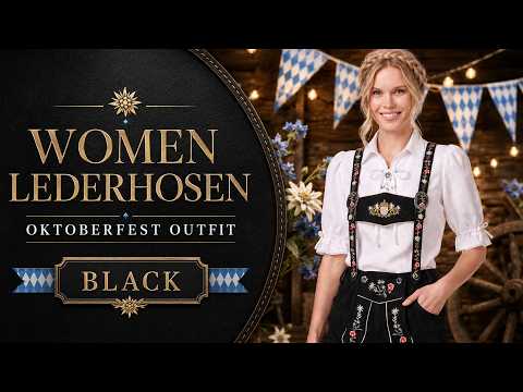 Womens Suede Leather Lederhosen Oktoberfest Outfit Black with detachable embroidered suspenders