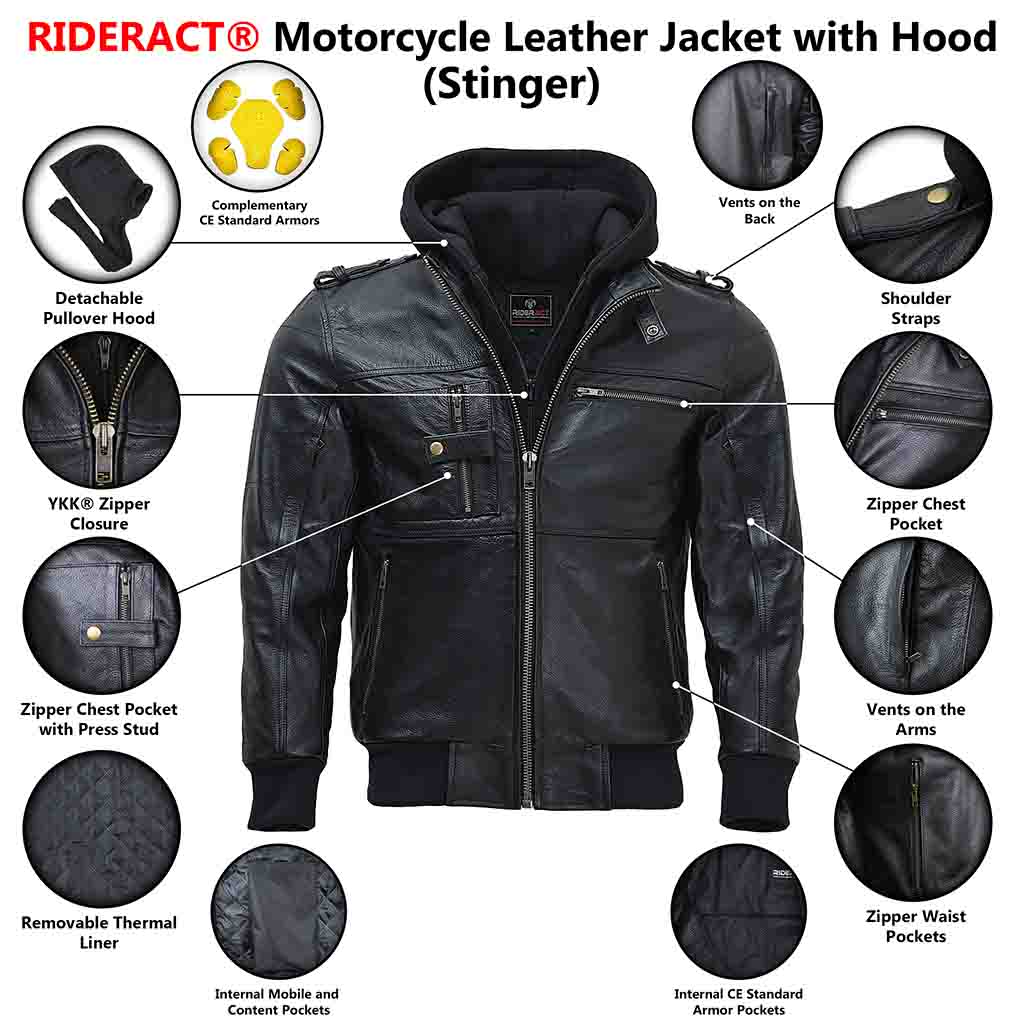 RIDERACT® Mens Leather Motorcycle Jacket with Hood | Black Motorbike Jacket