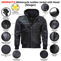 RIDERACT® Mens Leather Motorcycle Jacket with Hood | Black Motorbike Jacket