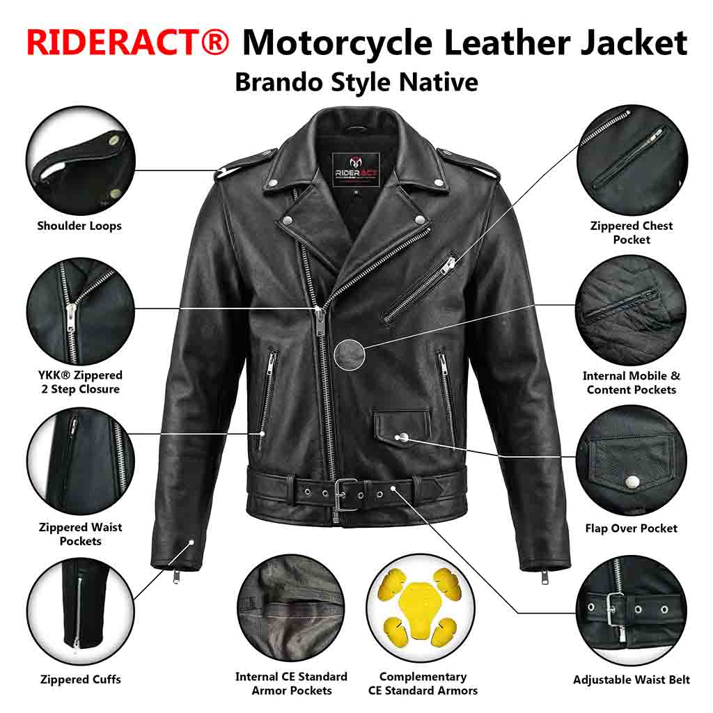 RIDERACT® Brando Motorcycle Jacket Native | Leather Biker jacket with CE Armour