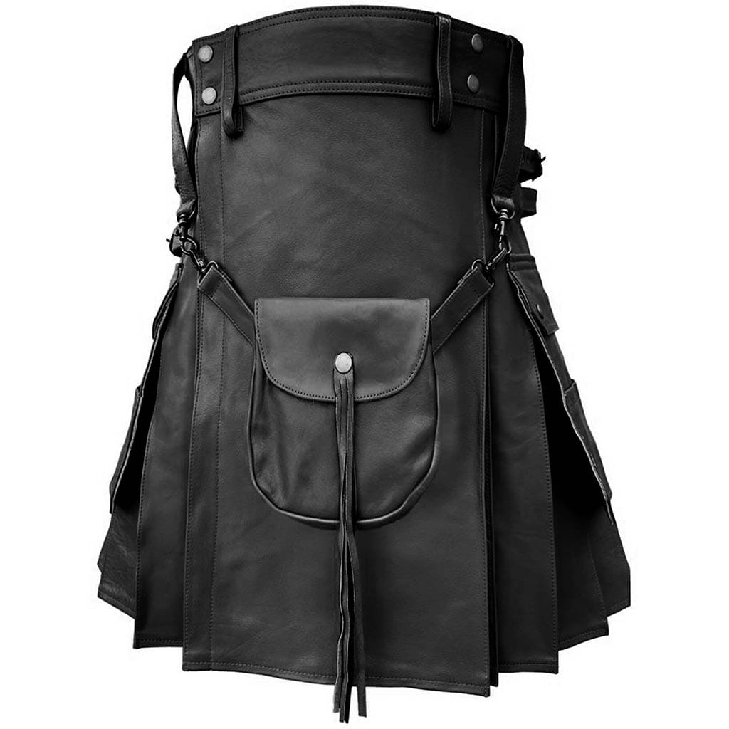 Customized Utility Leather Kilt Black with Removable Sporran