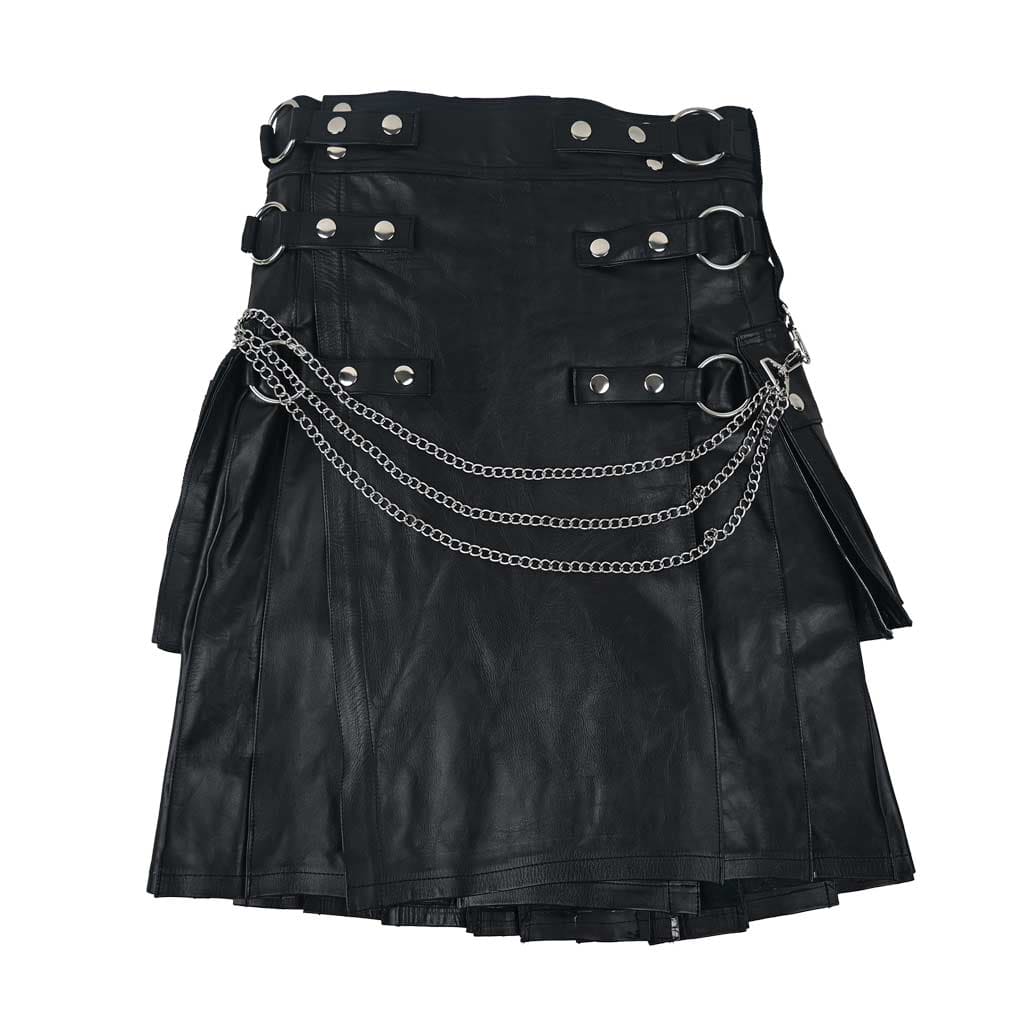 Customized  Black Leather Kilt with Silver Chain