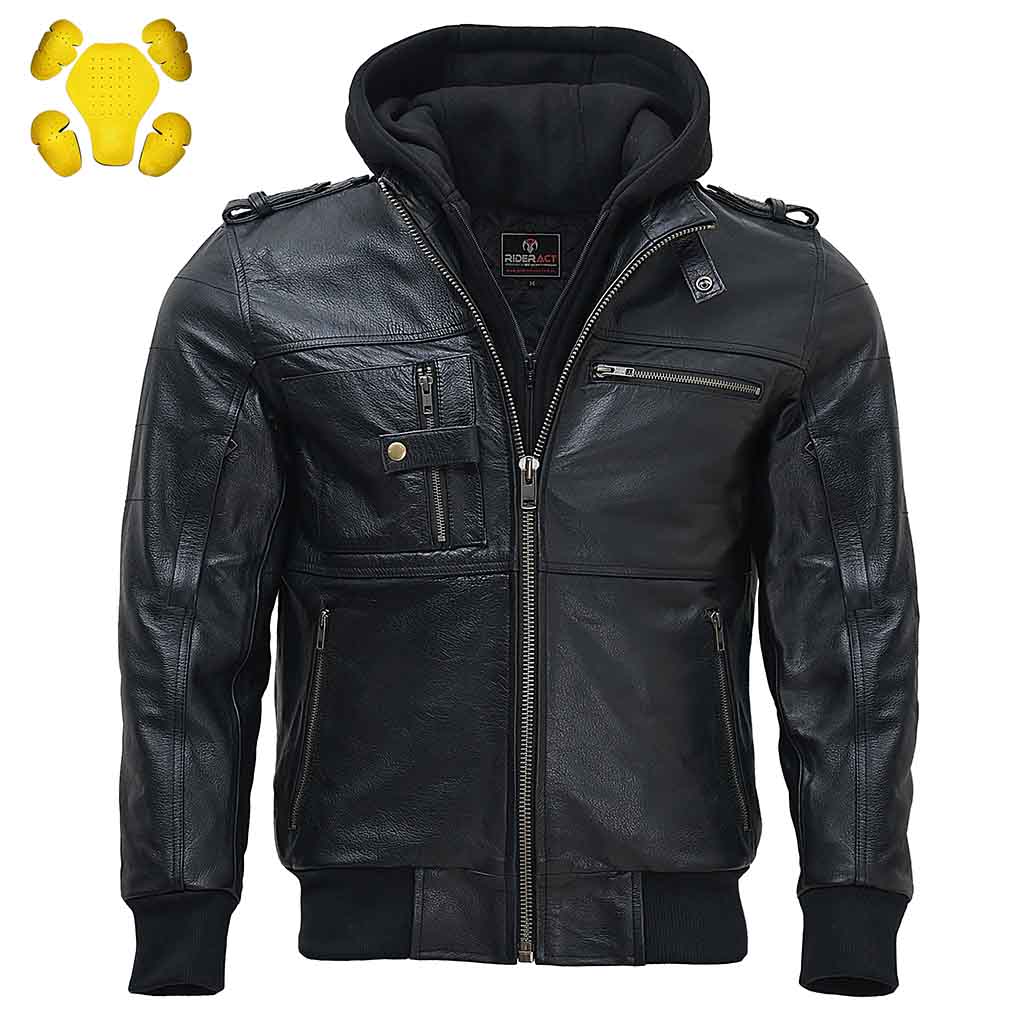 RIDERACT® Mens Leather Motorcycle Jacket with Hood | Black Motorbike Jacket