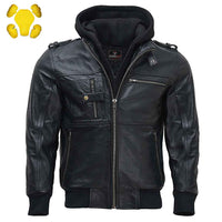 RIDERACT® Mens Leather Motorcycle Jacket with Hood | Black Motorbike Jacket
