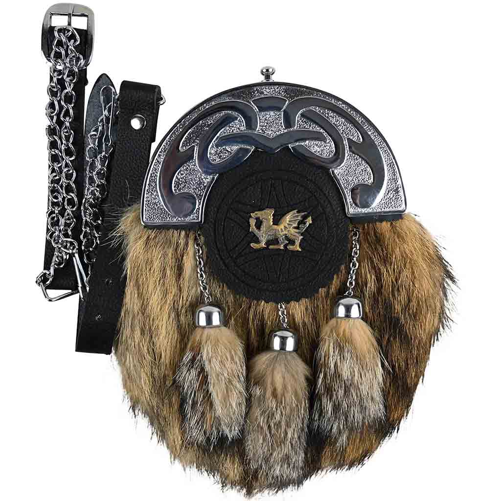 Brown Rabbit Fur Leather Sporran | Dragon Chrome Kilt Sporran