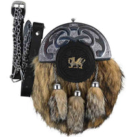 Brown rabbit fur leather sporran with dragon chrome cantle