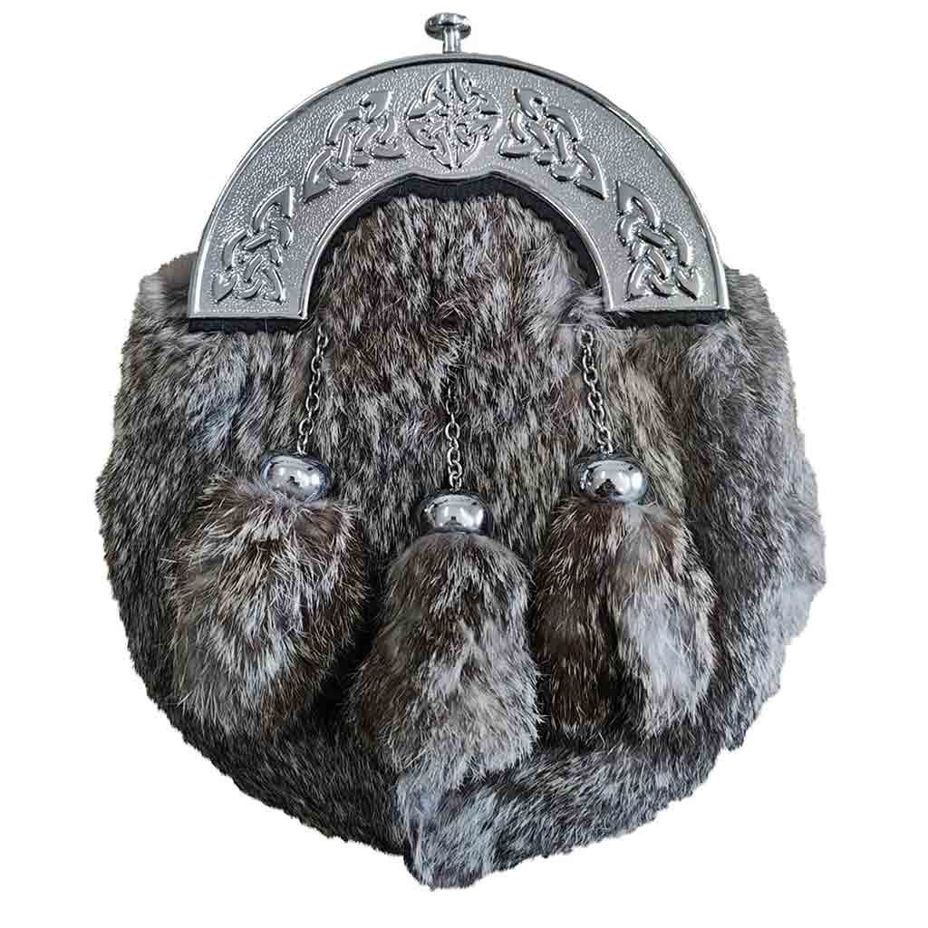 Chrome Head Triple Thistle Grey Rabbit Fur Kilt Sporran
