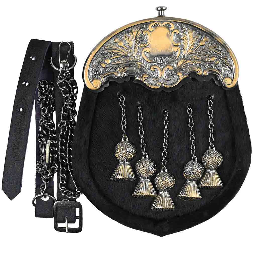 Leather Sporran with Antique Chrome | Black Fur 5 Tassel Kilt Sporran
