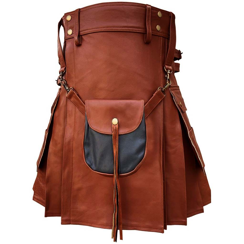 Utility Personalized Leather Kilt Brown with Removable Sporran