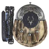 Scottish dress sporran with fur front, stag emblem, and metal cantle