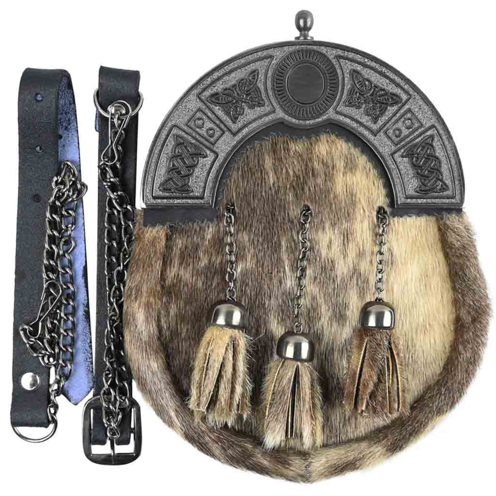 Scottish Leather Sporran with Antique Chrome Brown Rabbit Fur Kilt Sporran