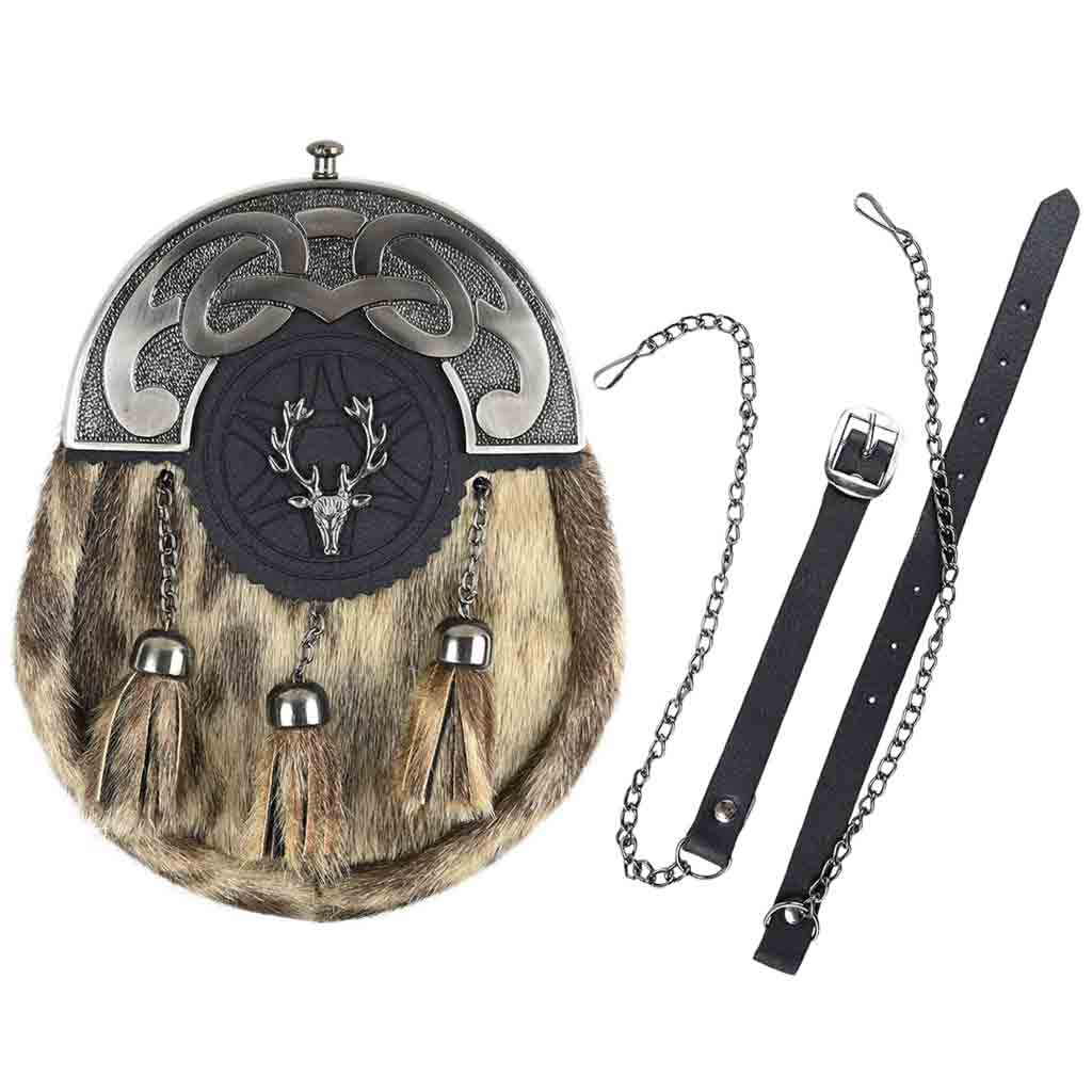 Traditional Leather Sporran for Kilt – Stag Head & Rabbit Fur Design