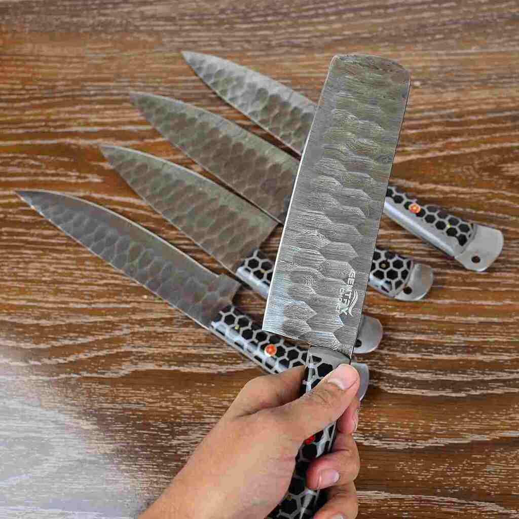 Japanese style Damascus knives with cleaver