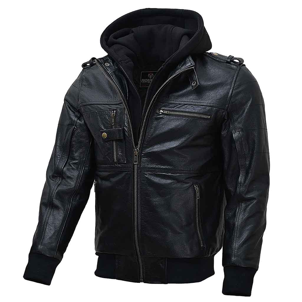 RIDERACT® Mens Leather Motorcycle Jacket with Hood | Black Motorbike Jacket
