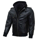 RIDERACT® Mens Leather Motorcycle Jacket with Hood | Black Motorbike Jacket