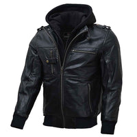 RIDERACT® Mens Leather Motorcycle Jacket with Hood | Black Motorbike Jacket