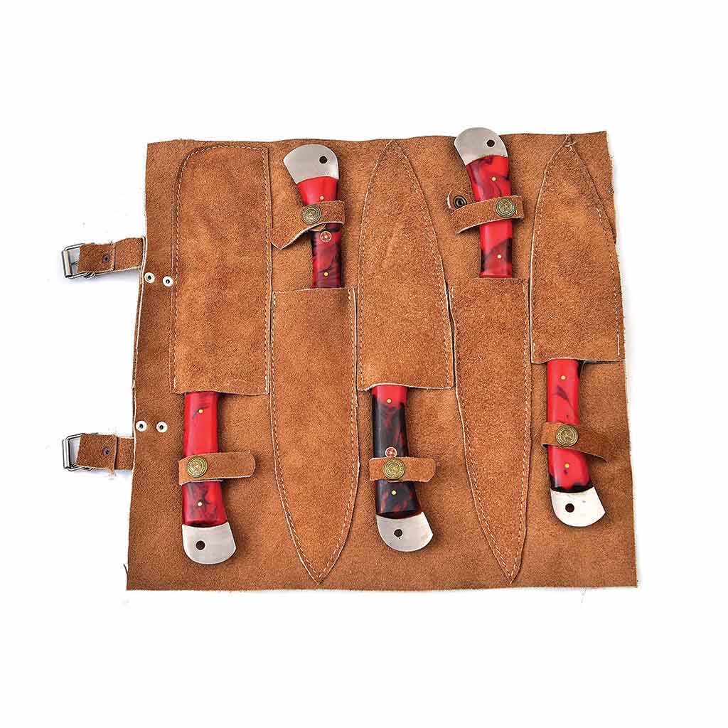 Kitchen knife set in leather sheath