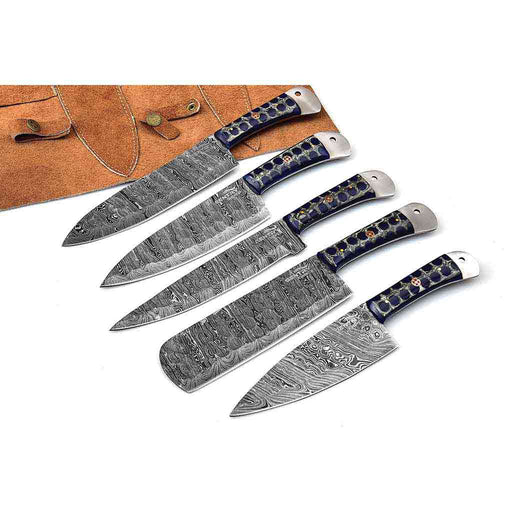 Damascus kitchen knives set of 5 and sheath