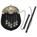 Black fur kilt sporran featuring five tassels and antique chrome top