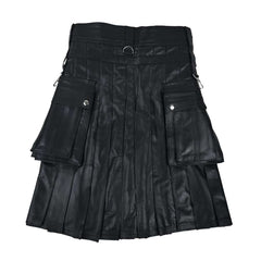 Customized  Black Leather Kilt with Silver Chain