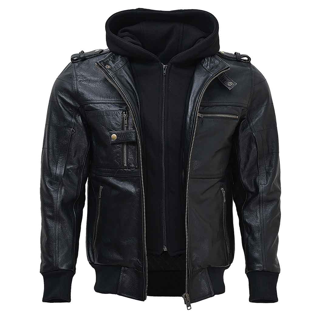 RIDERACT® Mens Leather Motorcycle Jacket with Hood | Black Motorbike Jacket