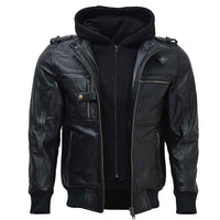 RIDERACT® Mens Leather Motorcycle Jacket with Hood | Black Motorbike Jacket