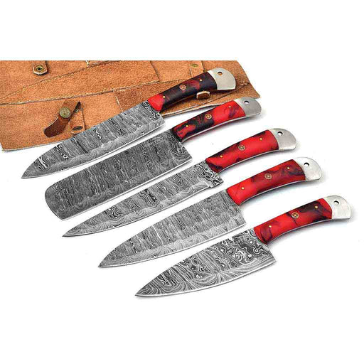 Damascus knife set with red handles