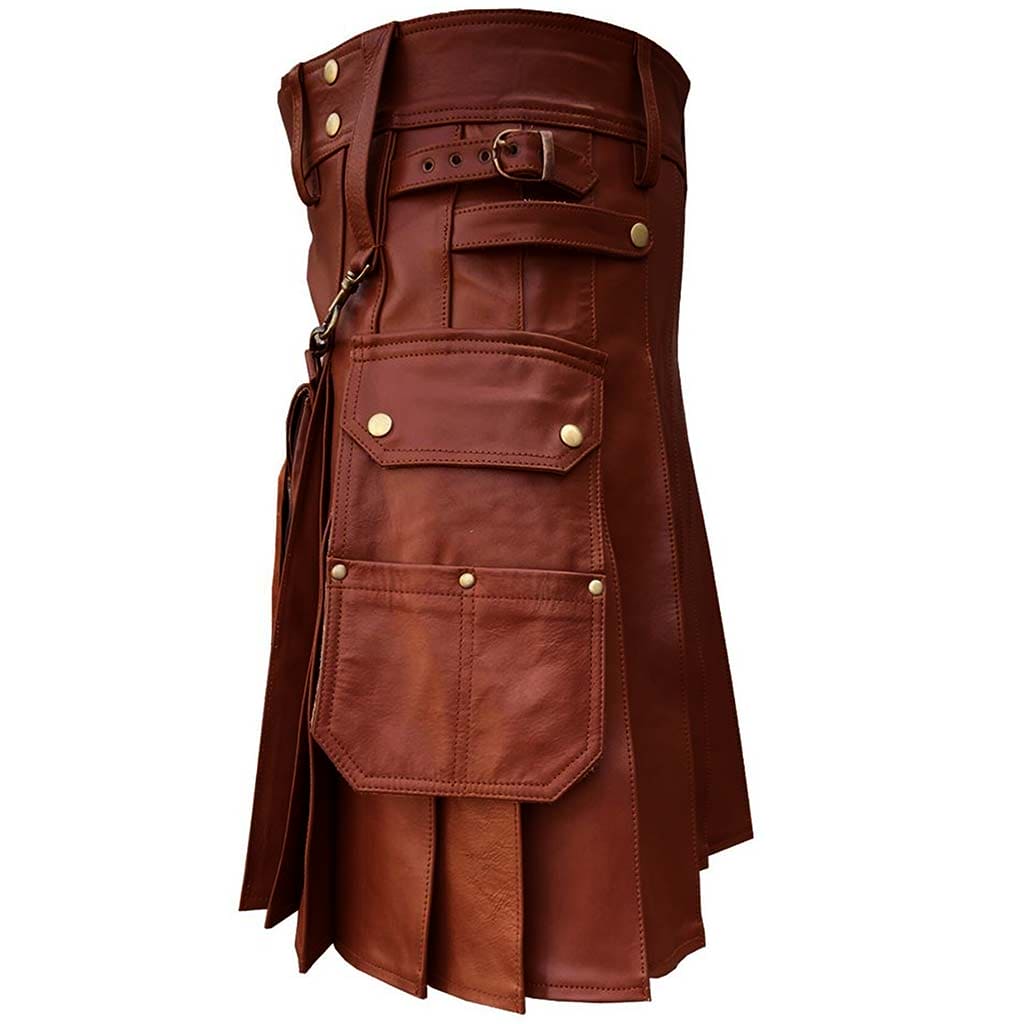 Brown leather customize kilt with cargo pockets