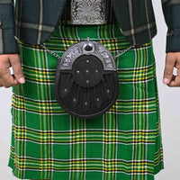 Highland dress sporran with Celtic pattern chrome head and leather body