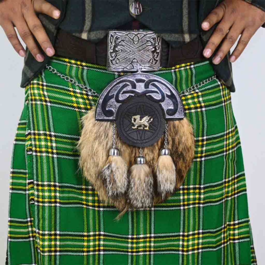 Brown Rabbit Fur Leather Sporran | Dragon Chrome Kilt Sporran