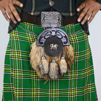 Scottish kilt sporran featuring brown rabbit fur and dragon design