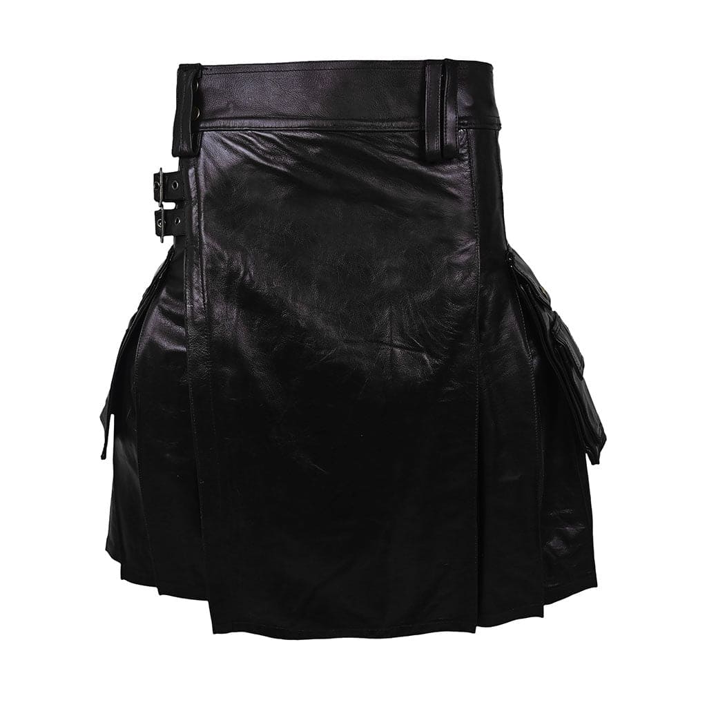 Customized Utility Cargo Leather Kilt Black