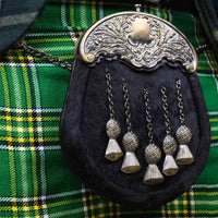 Black fur sporran with five tassels and antique chrome detailing
