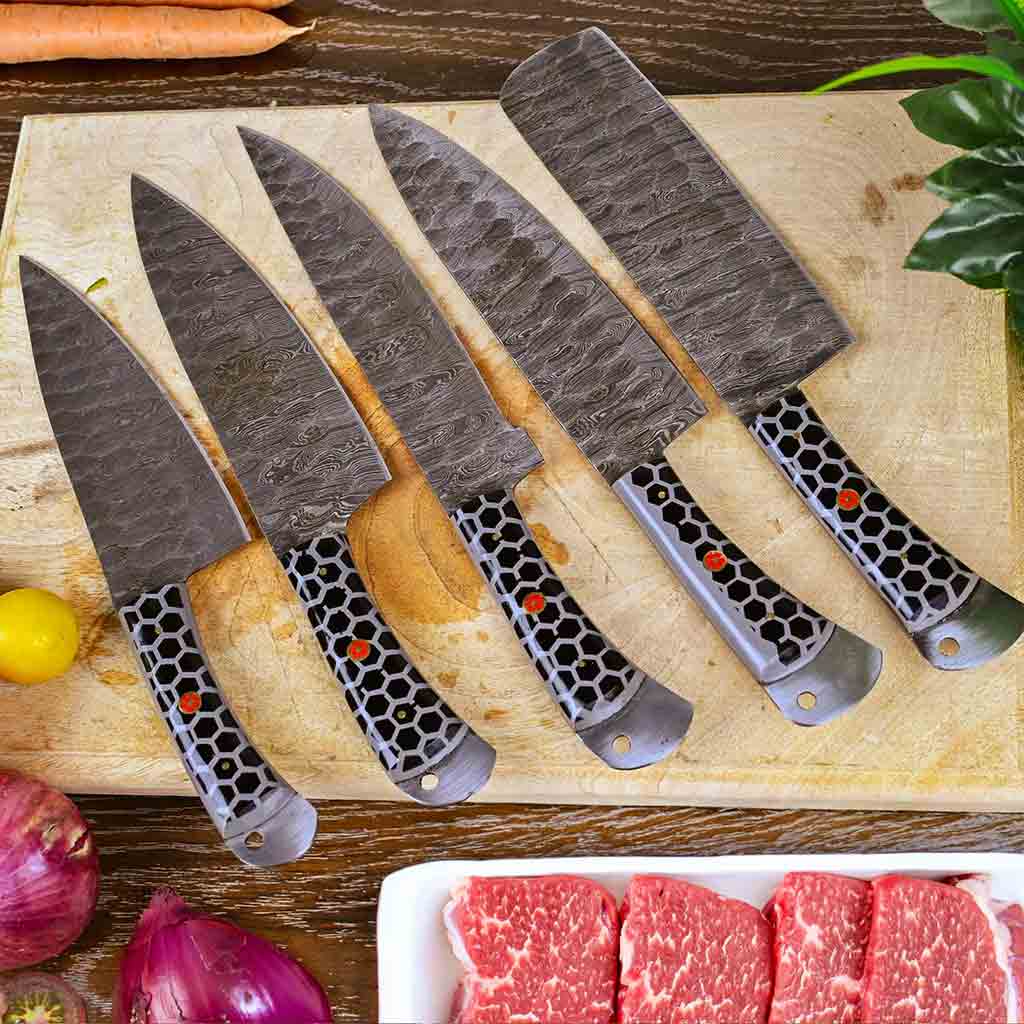 Damascus Chef Knife Set of 5 with Honeycomb Handles AMK052BLK