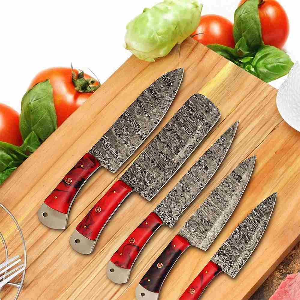 Damascus Kitchen Knife Set of 5 with Resin Red Handles KST1601RED
