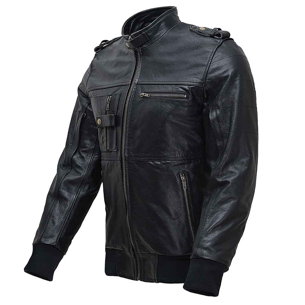 RIDERACT® Mens Leather Motorcycle Jacket with Hood | Black Motorbike Jacket