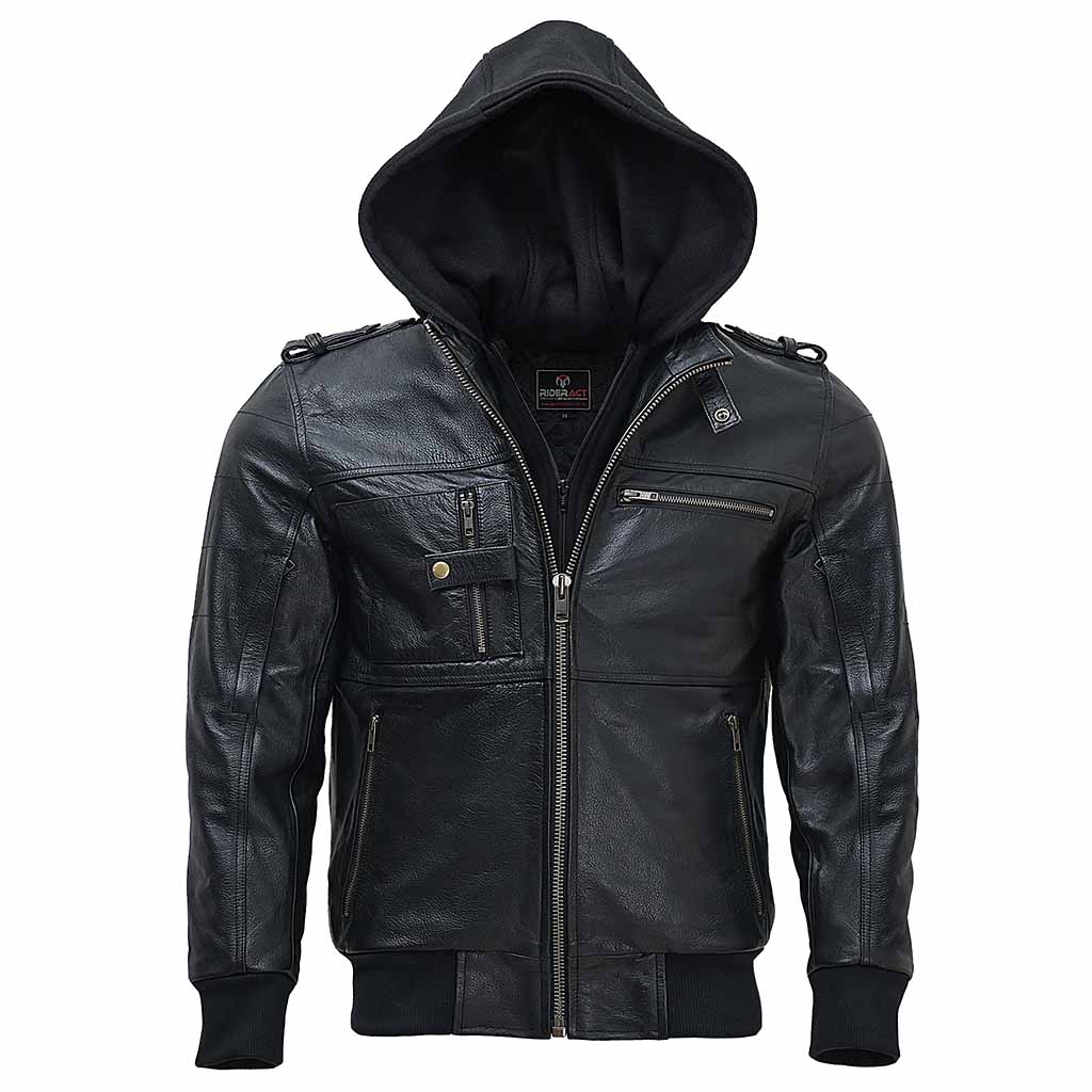 RIDERACT® Mens Leather Motorcycle Jacket with Hood | Black Motorbike Jacket