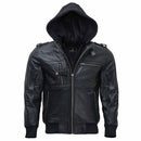 RIDERACT® Mens Leather Motorcycle Jacket with Hood | Black Motorbike Jacket