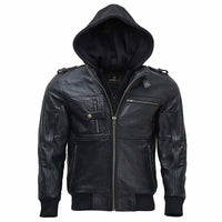 RIDERACT® Mens Leather Motorcycle Jacket with Hood | Black Motorbike Jacket