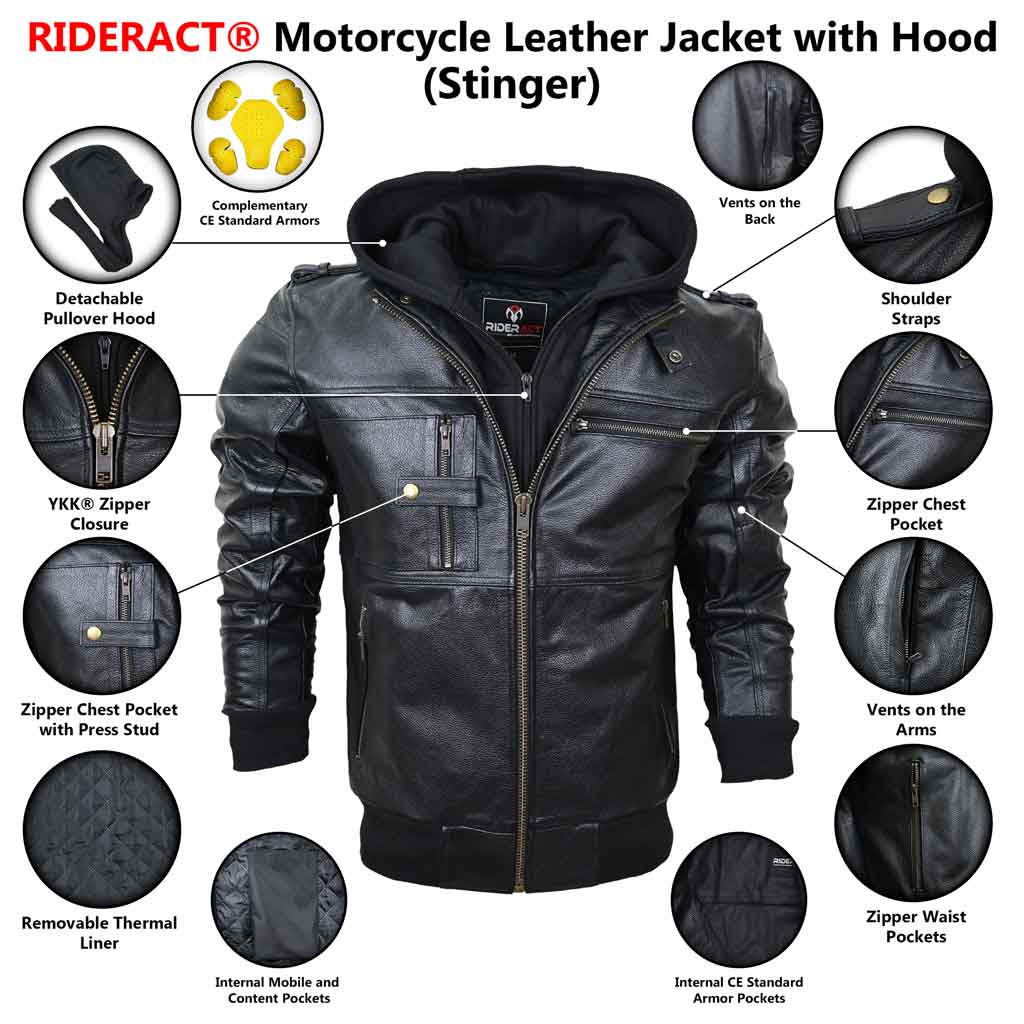 RIDERACT® Mens Leather Motorcycle Jacket | Black Motorbike Jacket