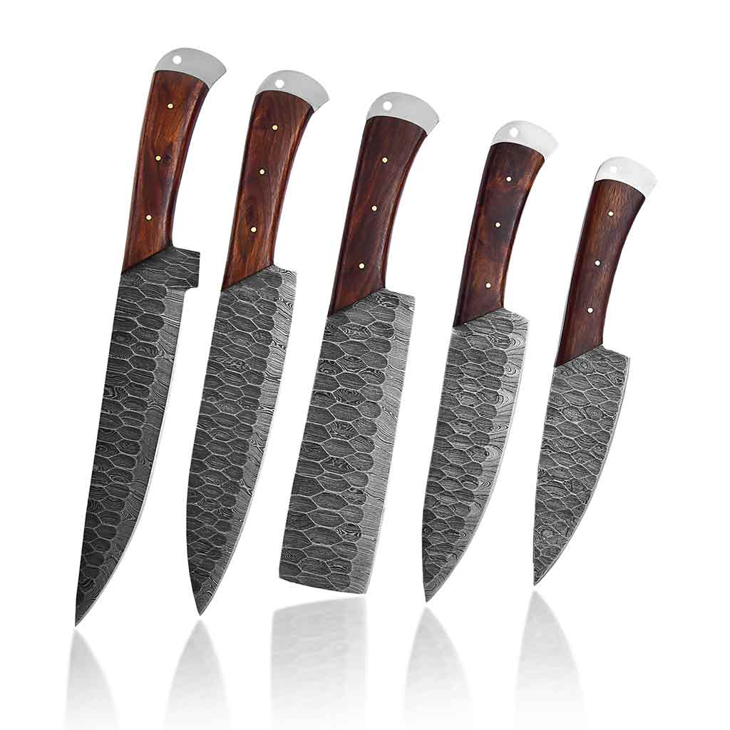 Damascus Chef Knife Set of 5 with Rose-Wood Handles KST1602BRN