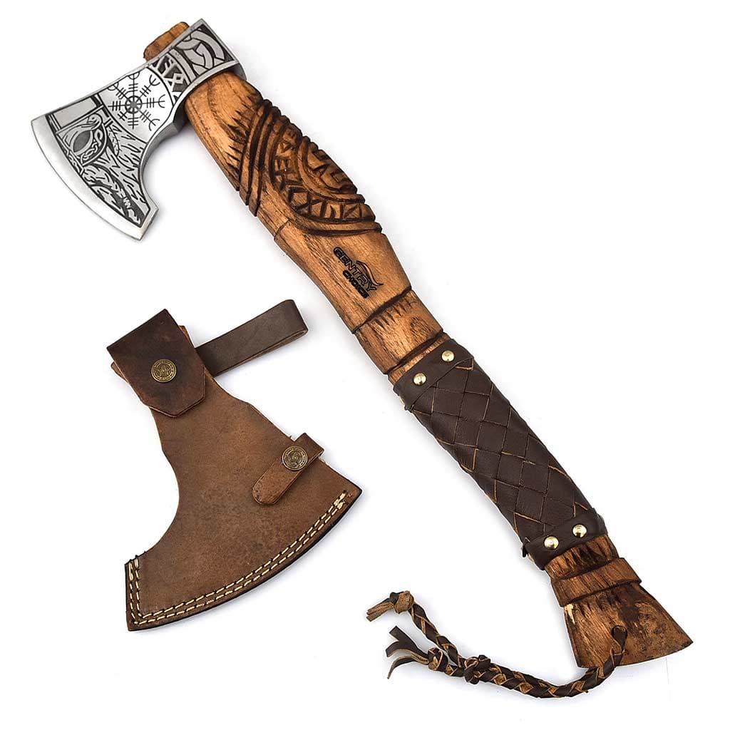 Handmade Engraved Ragnar of Viking's Axe with Ash-Wood & Leather Wrapped Handle
