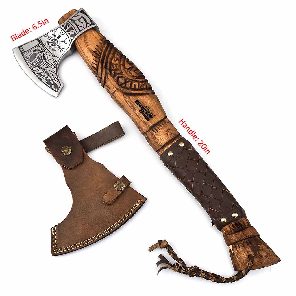 Handmade Engraved Ragnar of Viking's Axe with Ash-Wood & Leather Wrapped Handle