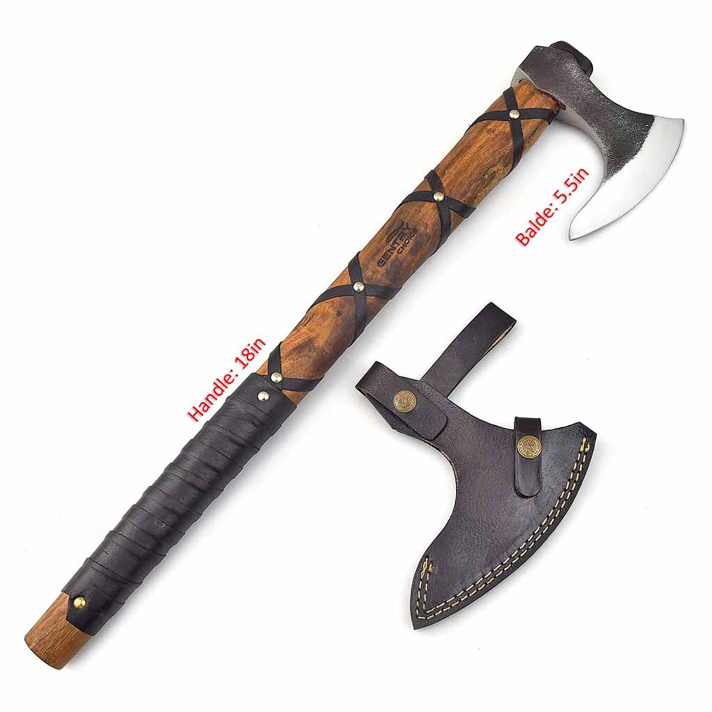 Viking Axe Carbon Steel Hatchet with Rose-wood Handle & Leather