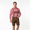 A man modeling traditional Bavarian attire, featuring brown leather Lederhosen with embroidered details and suspenders, paired with a red and white gingham long-sleeve shirt, against a plain white studio background.