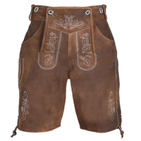 A pair of brown leather traditional Lederhosen with white embroidered floral patterns and silver metal grommets on the waistband, shown against a plain white background.