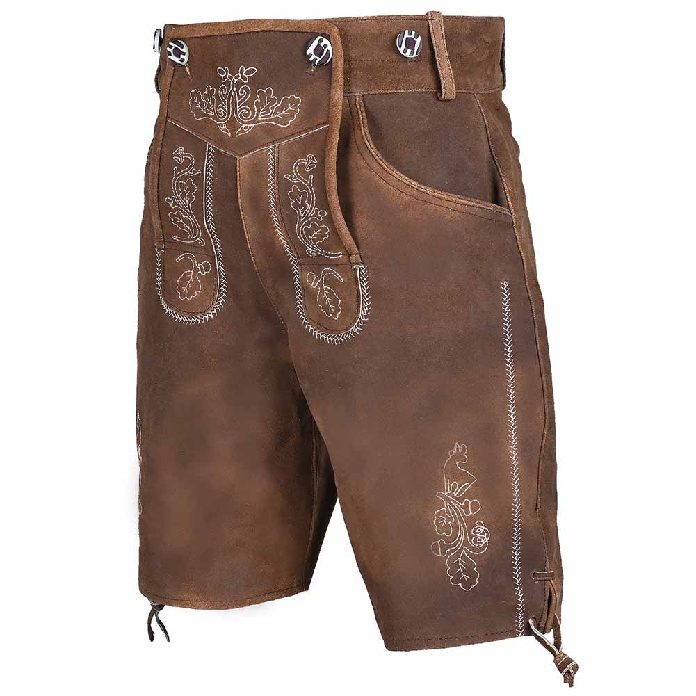 Brown leather traditional Lederhosen shorts with white embroidery, decorative stitching, and metal buckle details on a white background.